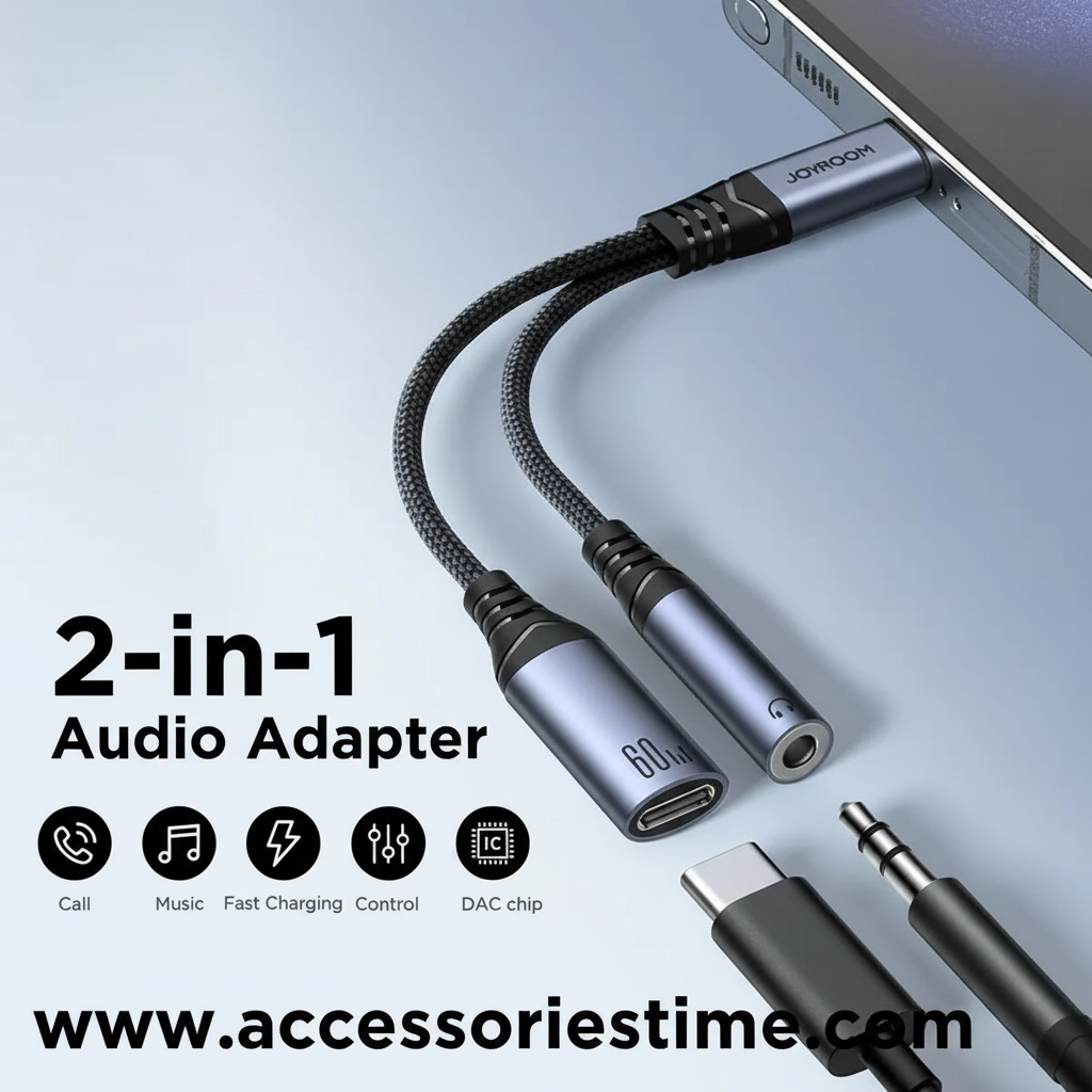 2-in-1 audio adapter with USB-C and 3.5mm jack on a light gray background