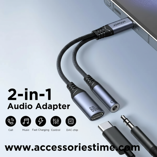 2-in-1 audio adapter with USB-C and 3.5mm jack on a light gray background