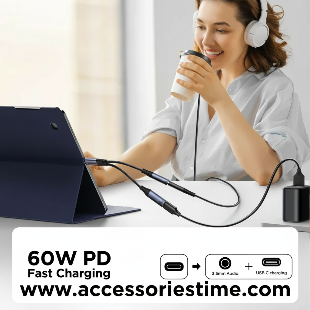 Woman using a tablet with headphones and a charging cable, featuring 60W PD fast charging text.