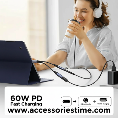Woman using a tablet with headphones and a charging cable, featuring 60W PD fast charging text.