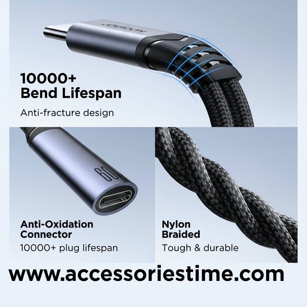 Cable with anti-fracture design and anti-oxidation connector on a light blue background, featuring 'accessoriestime.com'.