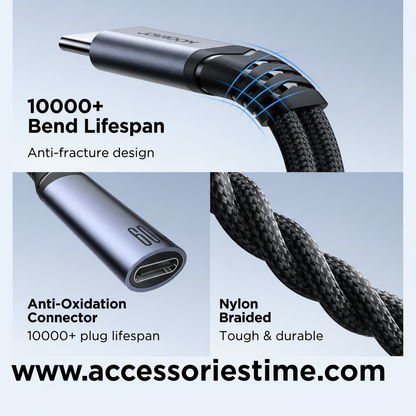 Cable with anti-fracture design and anti-oxidation connector on a light blue background, featuring 'accessoriestime.com'.