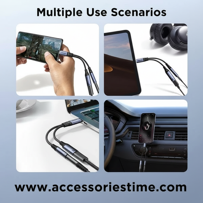 Collage of multiple use scenarios for a cable, including phone, laptop, and car dashboard, with 'www.accessoriestime.