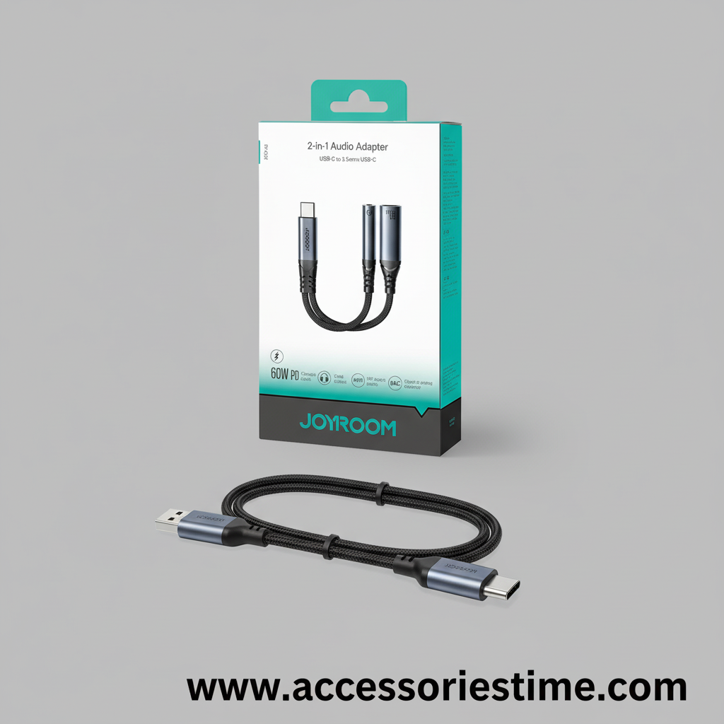 JOYROOM 2-in-1 audio adapter with packaging on a gray background