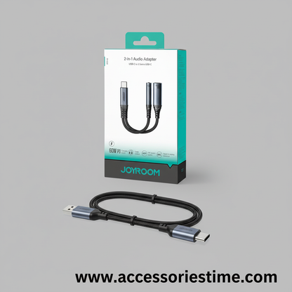 JOYROOM 2-in-1 audio adapter with packaging on a gray background